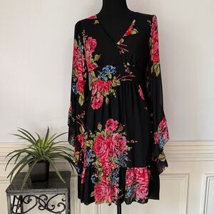 NWOT Betsey Johnson Black Floral Kimono Long Sleeve Babydoll Dress 6